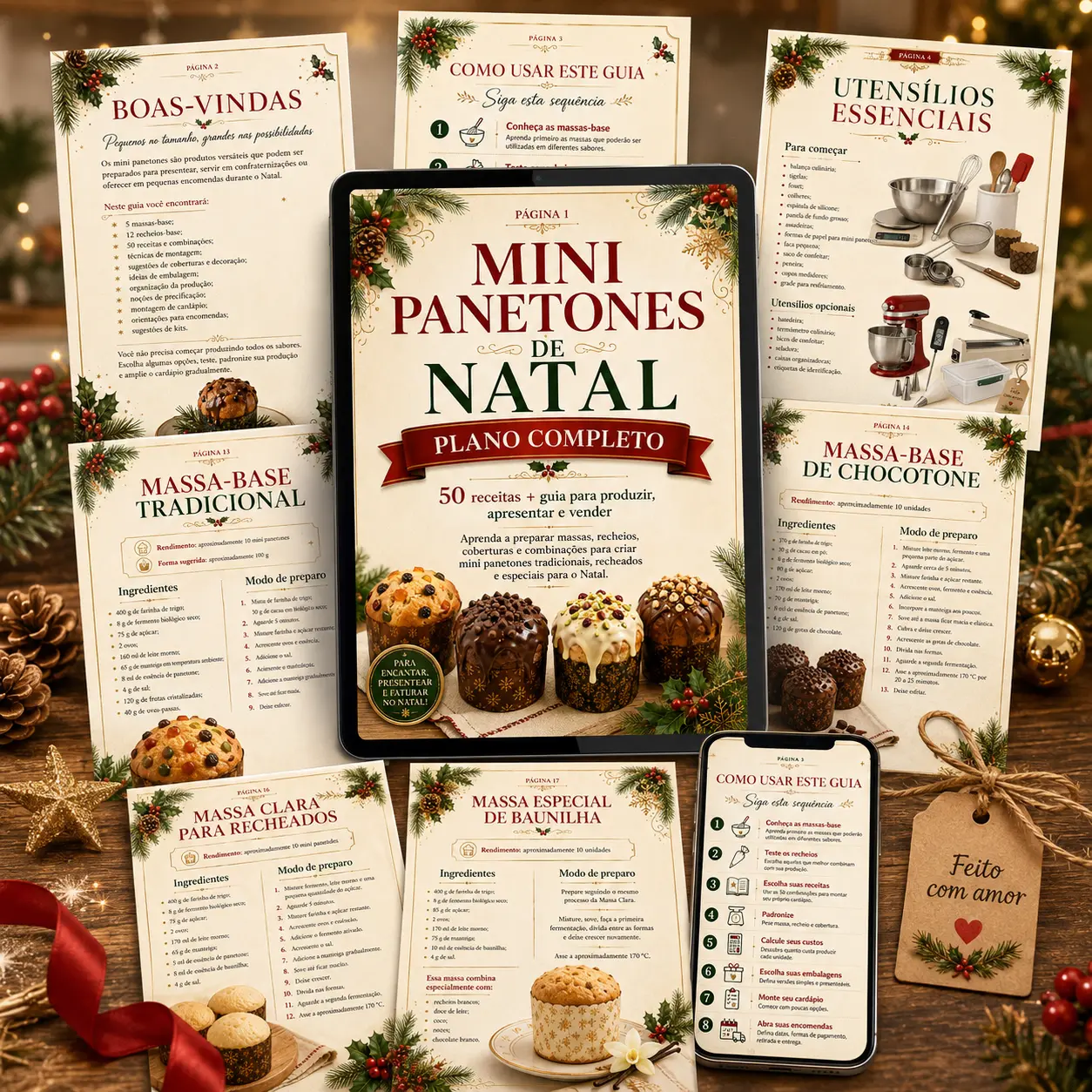 Mockup do Plano Completo Mini Panetones de Natal com páginas de receitas, massas e utensílios